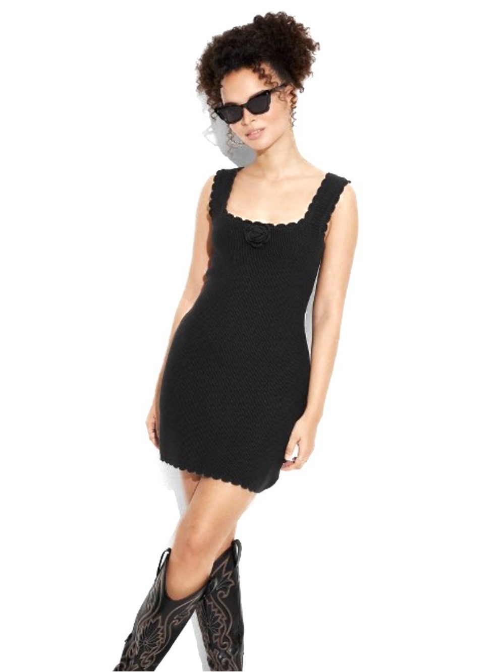 Wild Fable Viral Rosette Mini Black Knit Sweater Tank Dress with Crochet Flower - Picture 8 of 8